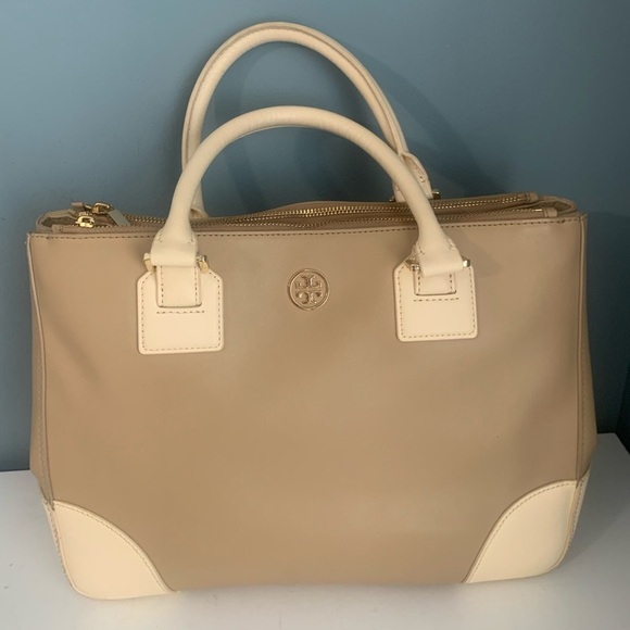 Tory Burch Robinson Tote Saffiano Leather Two Tone Beige Ivory Purse Crossbody - Picture 1 of 16